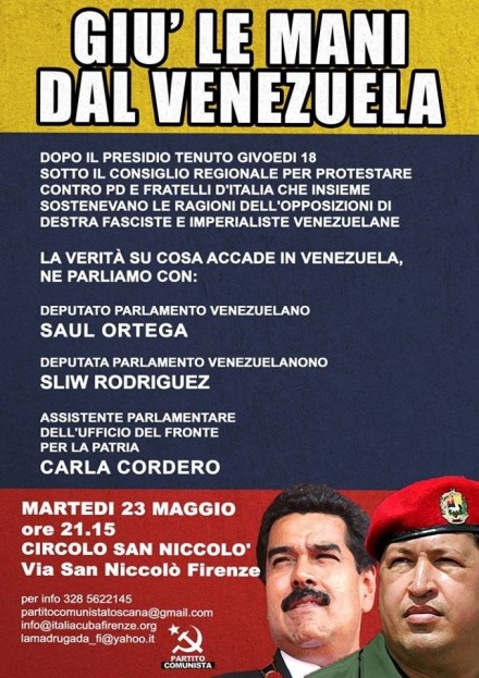Giù le mani dal Venezuela - 23 maggio Firenze - Ass. Amicizia Italia Cuba FI