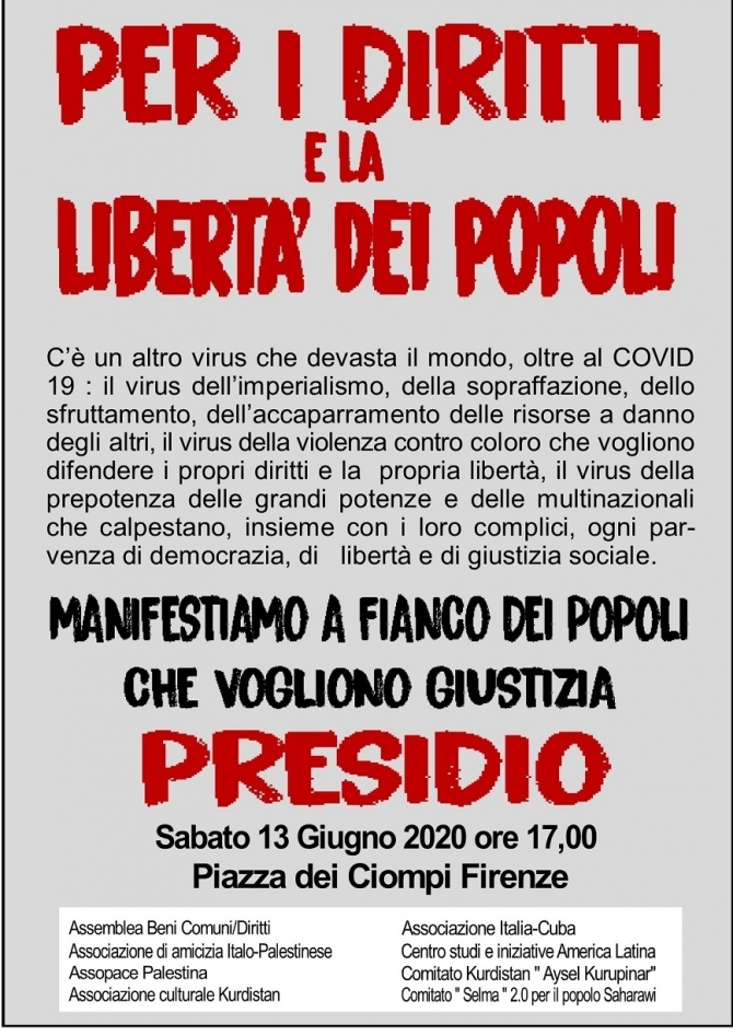 PRESIDIO PER I DIRITTI E LA LIBERTA' DEI POPOLI – 13 giugno 2020 - Ass. Amicizia Italia Cuba FI