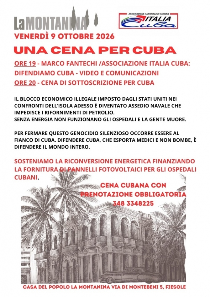 Una cena per Cuba - circolo la Montanina venerdì 9 ottobre - Ass. Amicizia Italia Cuba FI
